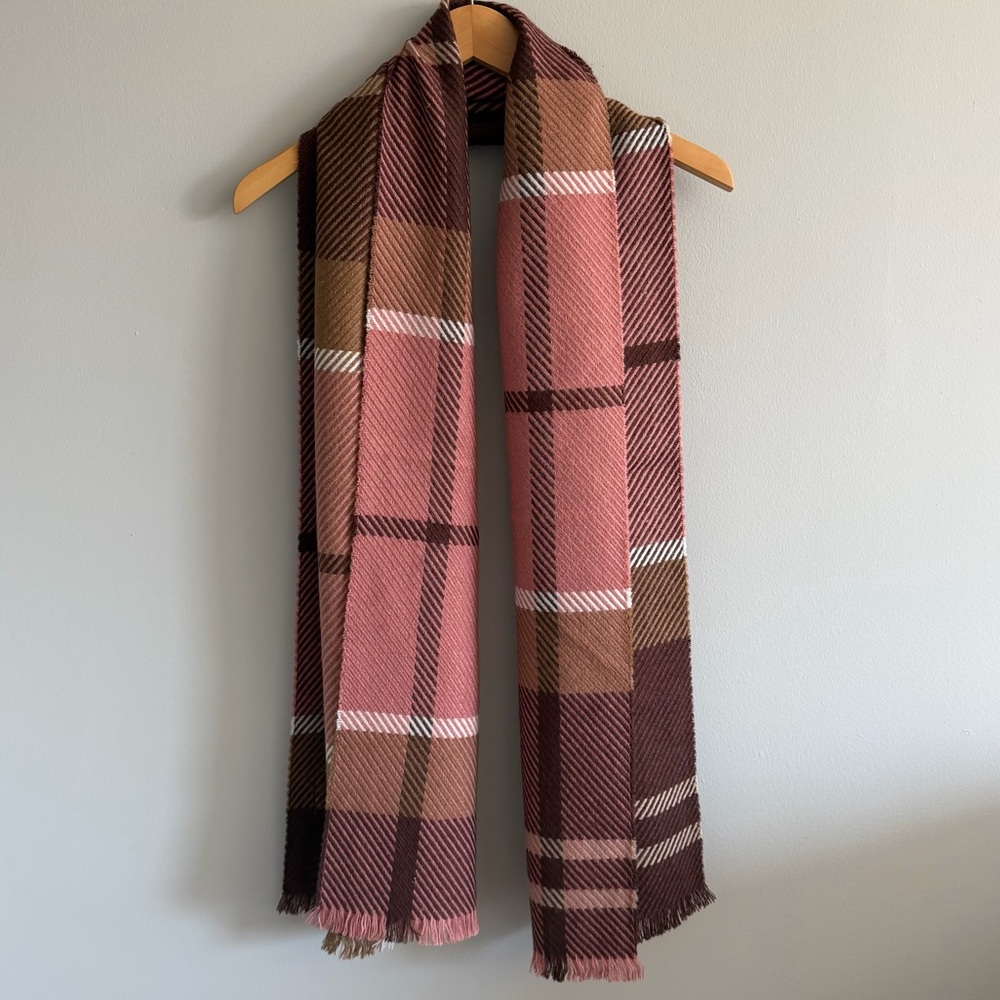 Barbour Plaid Oversized Scarf Wrap Pink Brown Neutral 20x68 Soft Fringe